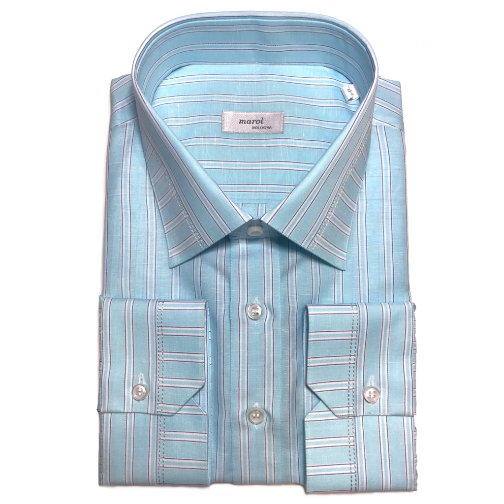 Turquoise Cotton Shirt With White and Navy Stripes - Condotti Store